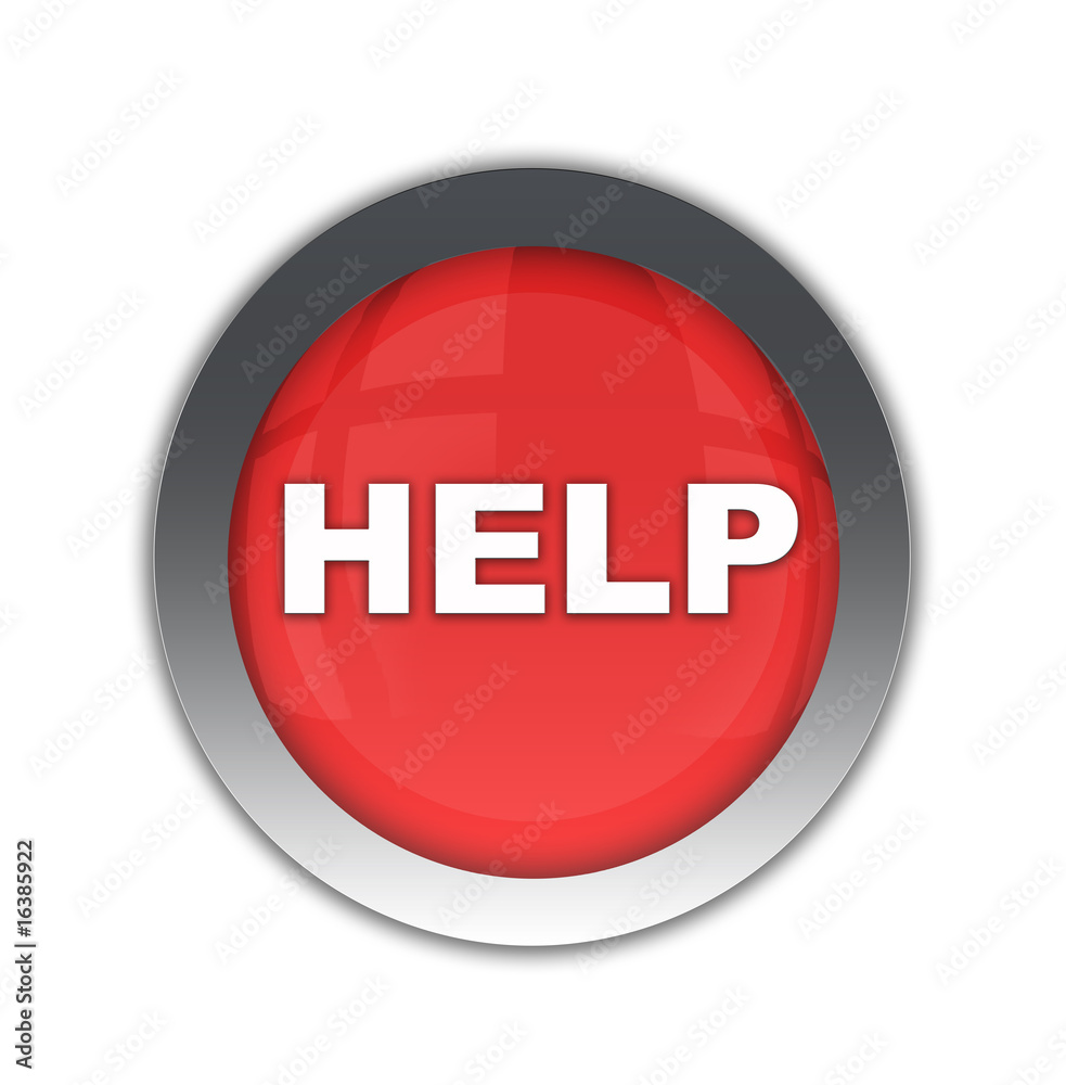 A round, red button on a white background reading Help A round, red button on a white background reading Help