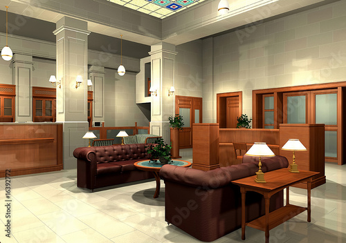 3D render of a bank lobby