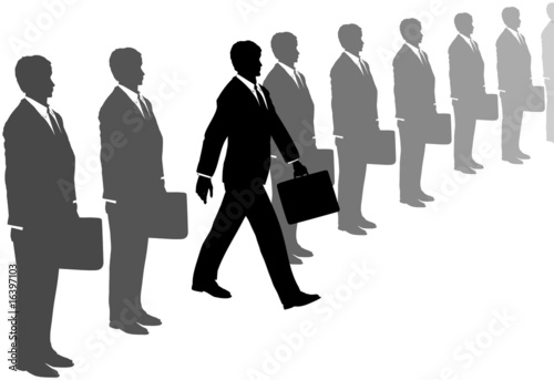 Business initiative man steps out of gray suits line