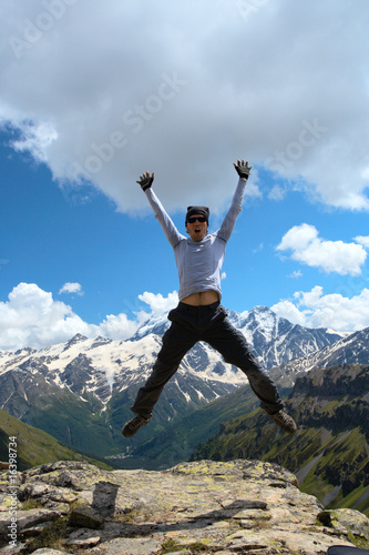 jumping hiker