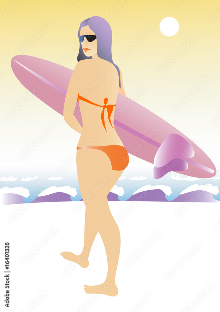 Girl with surf. Vector illustration.