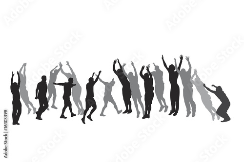group of men with raised arms jumping