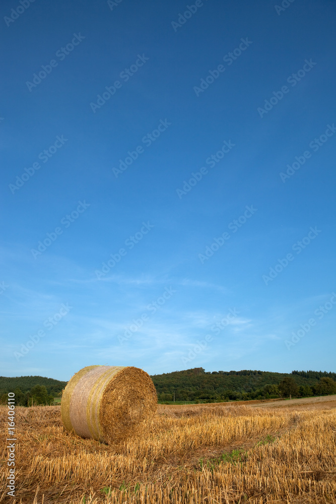 bale of straw before blue sky
