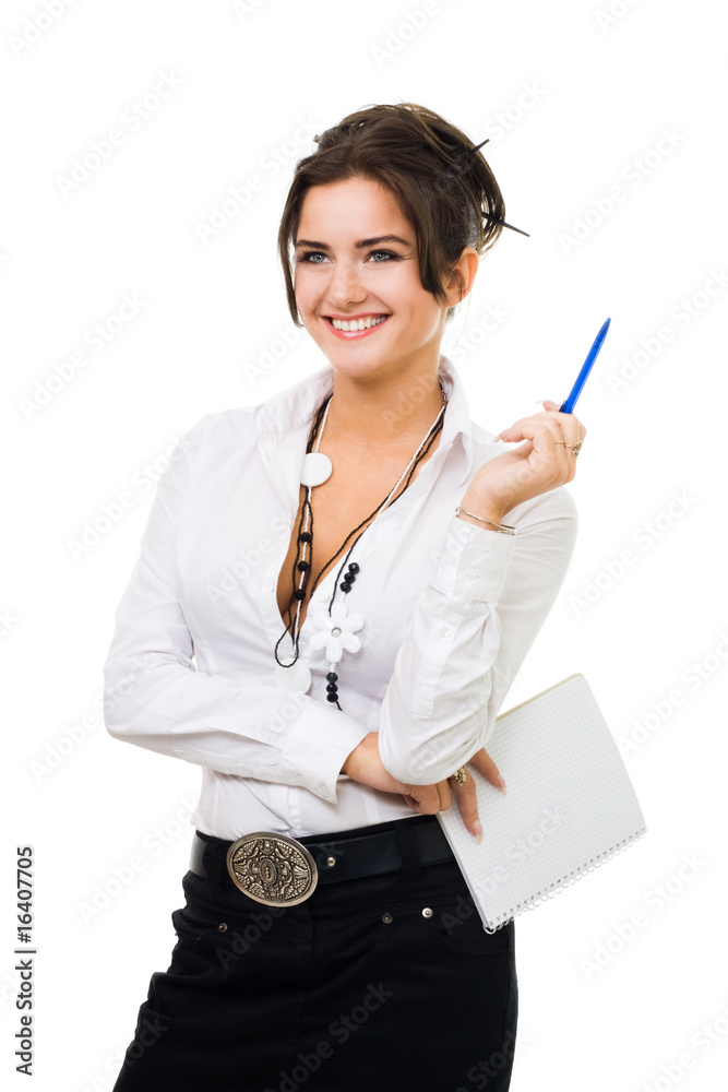 Happy smiling woman in white shirt standing with pen Happy smiling woman in white shirt standing with pen