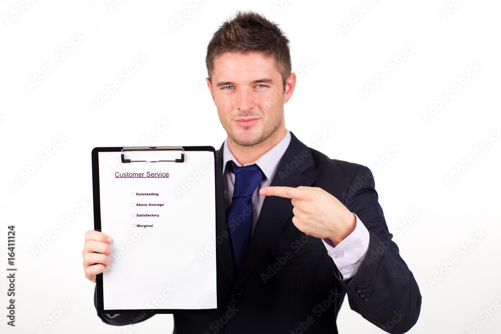 businessman with customer service report businessman with customer service report