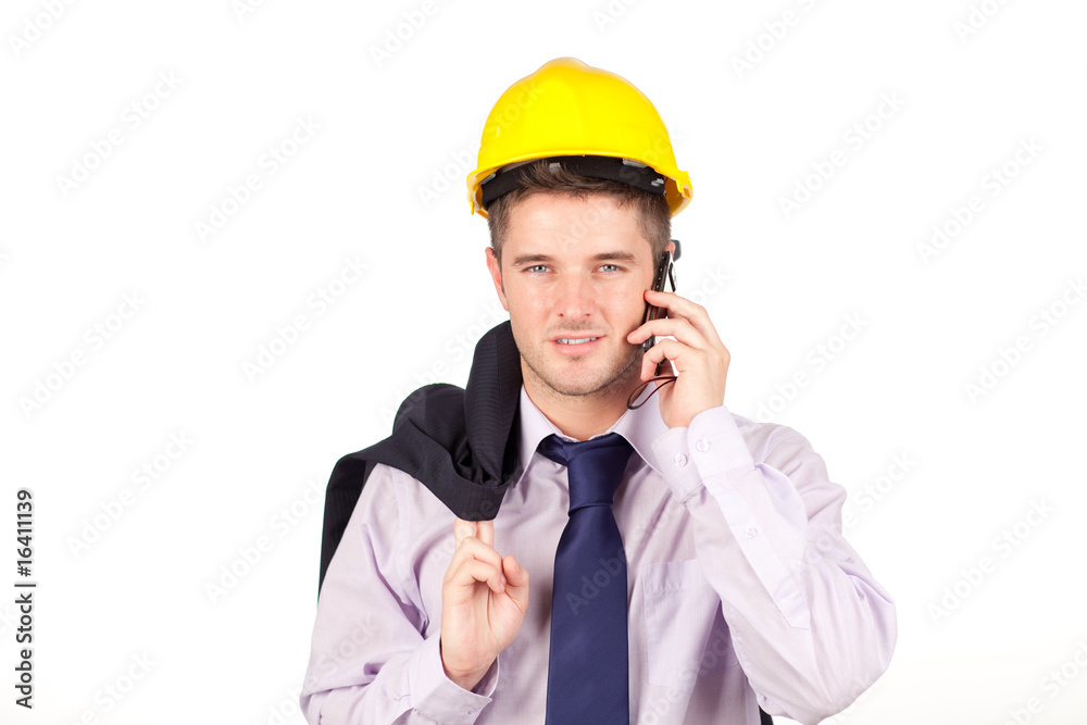Construction worker talking on the phone