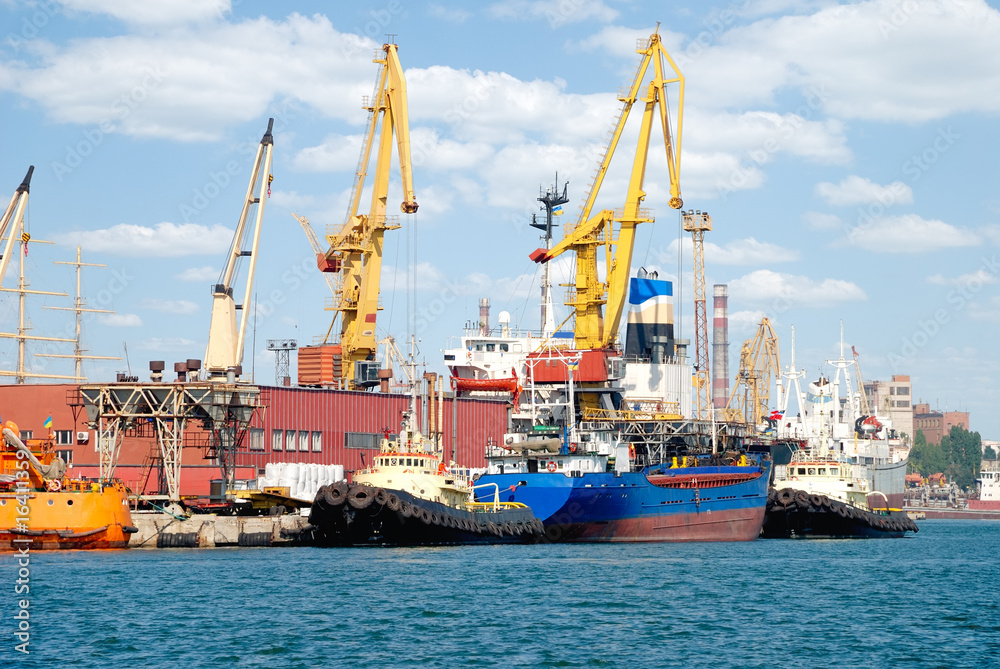 The trading seaport with cranes, cargoes and ship