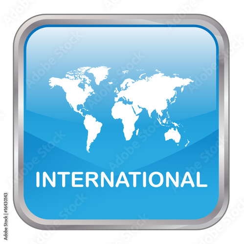 Square vector "INTERNATIONAL" button (blue)