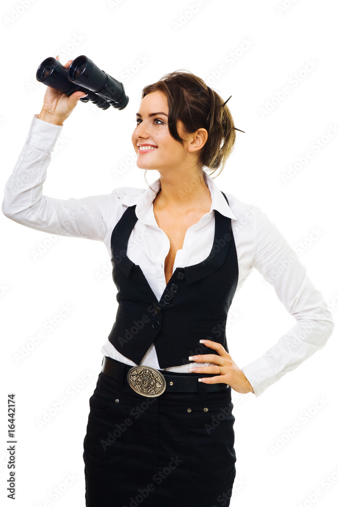 Woman in formal clothes standing and looking into binocular