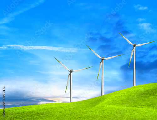 Wind turbines farm on green field