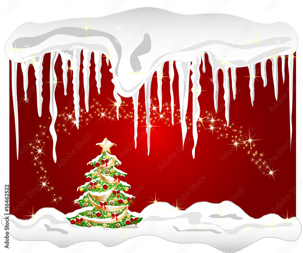 roter weihnachts hintergrund mit eiszapfen und christbaum