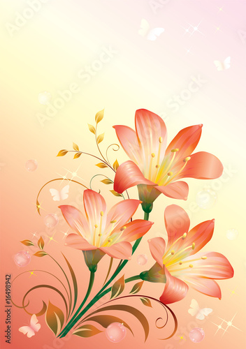 Orange composition with flowers and butterflies