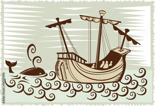 Sailing ship with whale along the side