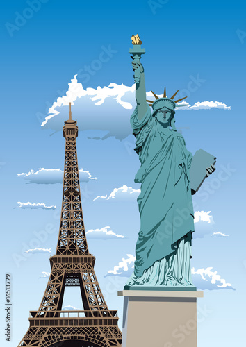Statue of Liberty and Eiffel tower in Paris