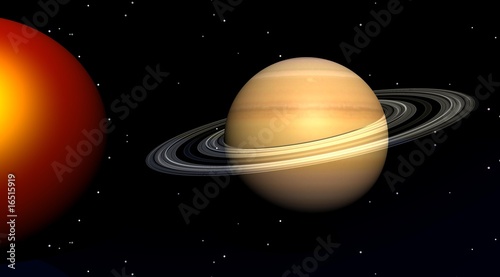 The sun and saturn in a sky filled with stars