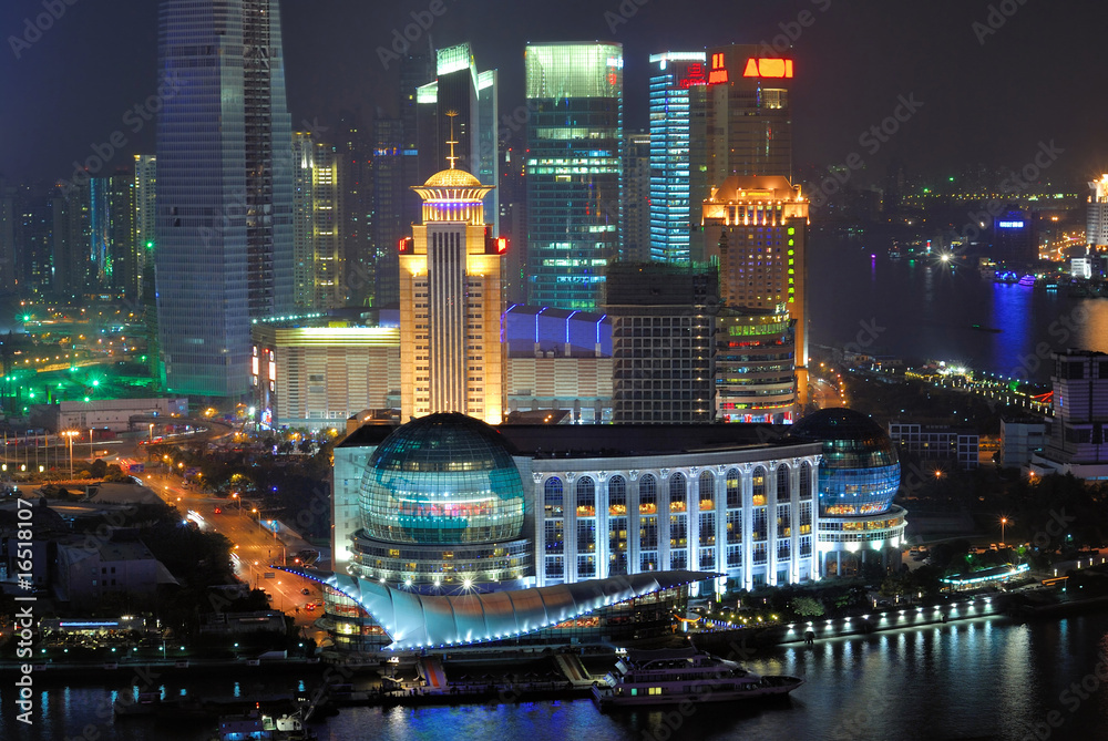 Fototapeta premium China Shanghai Pudong buildings aerial night view.