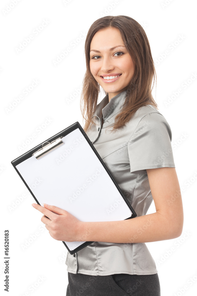 Happy businesswoman with clipboard, isolated on white Happy businesswoman with clipboard, isolated on white
