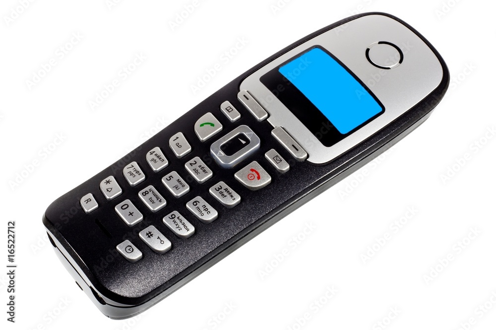 DECT phone with blue screen isolated on white background