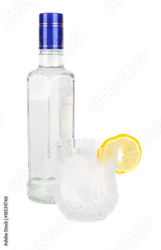 Vodka bottel and glass.