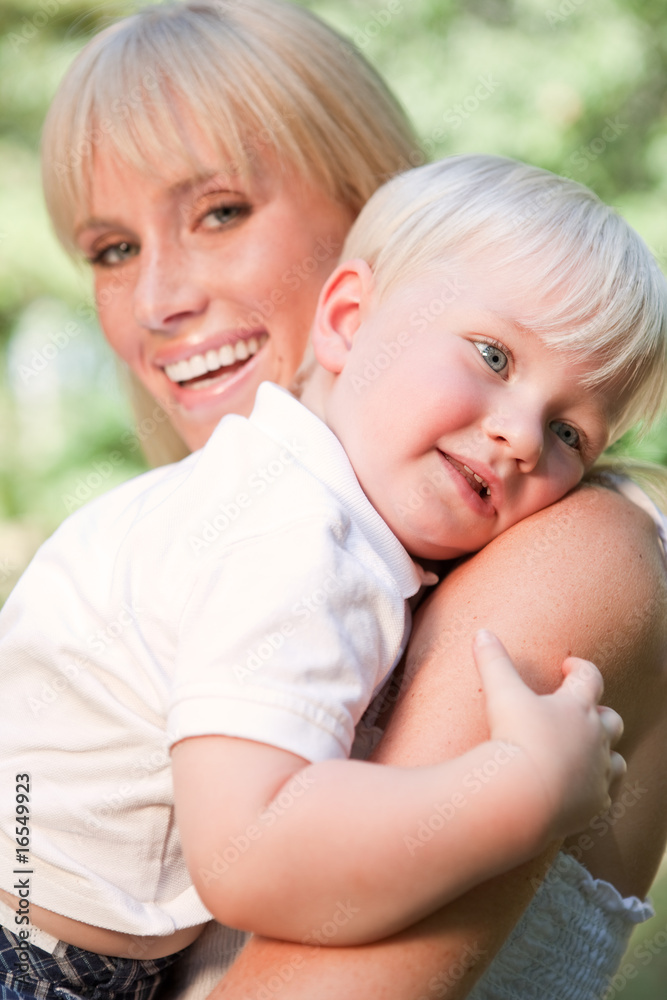 Happy caucasian mother and son