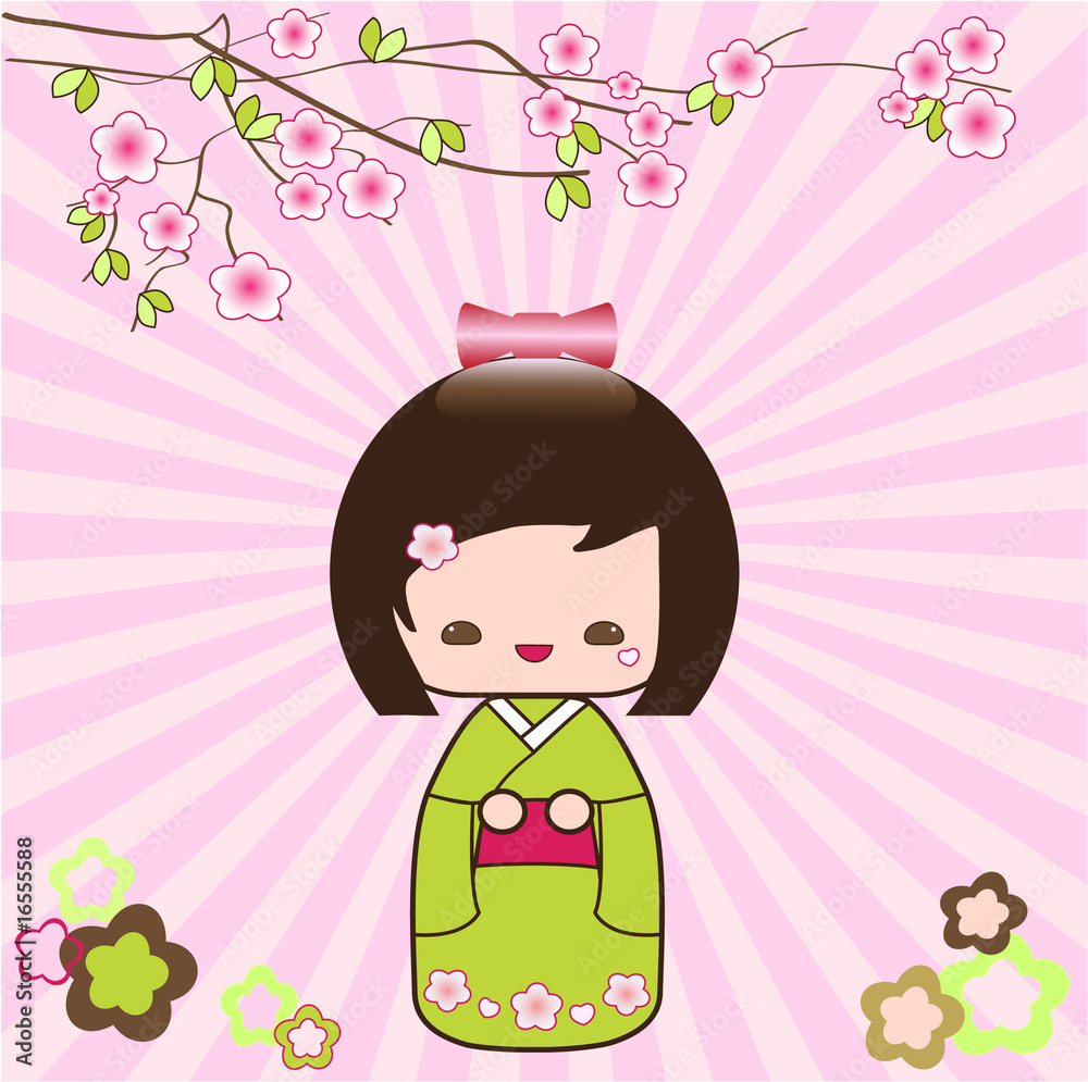 Fototapeta premium Kokeshi japanese doll card pink floral background