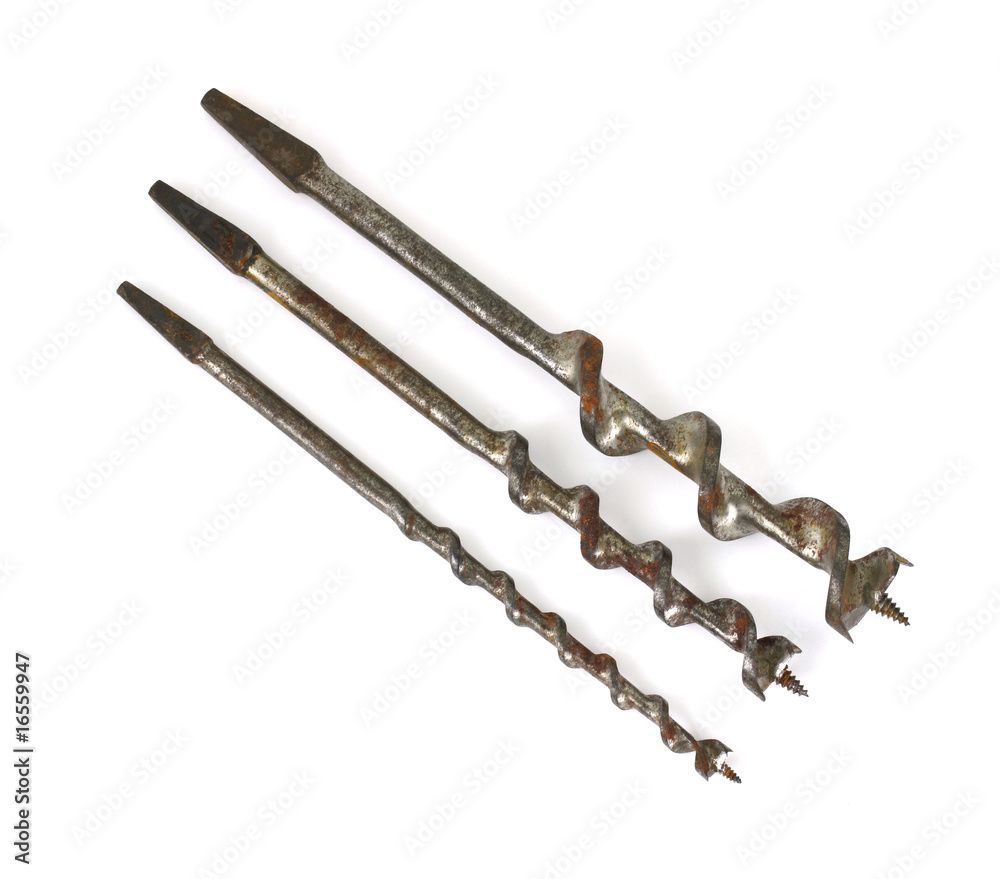 Three antique hand brace traditional auger drill bits