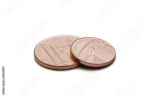 Two new coins, one and two pence isolated on white background