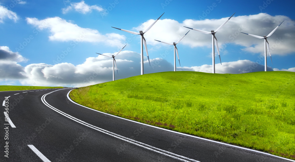 Road and wind turbines