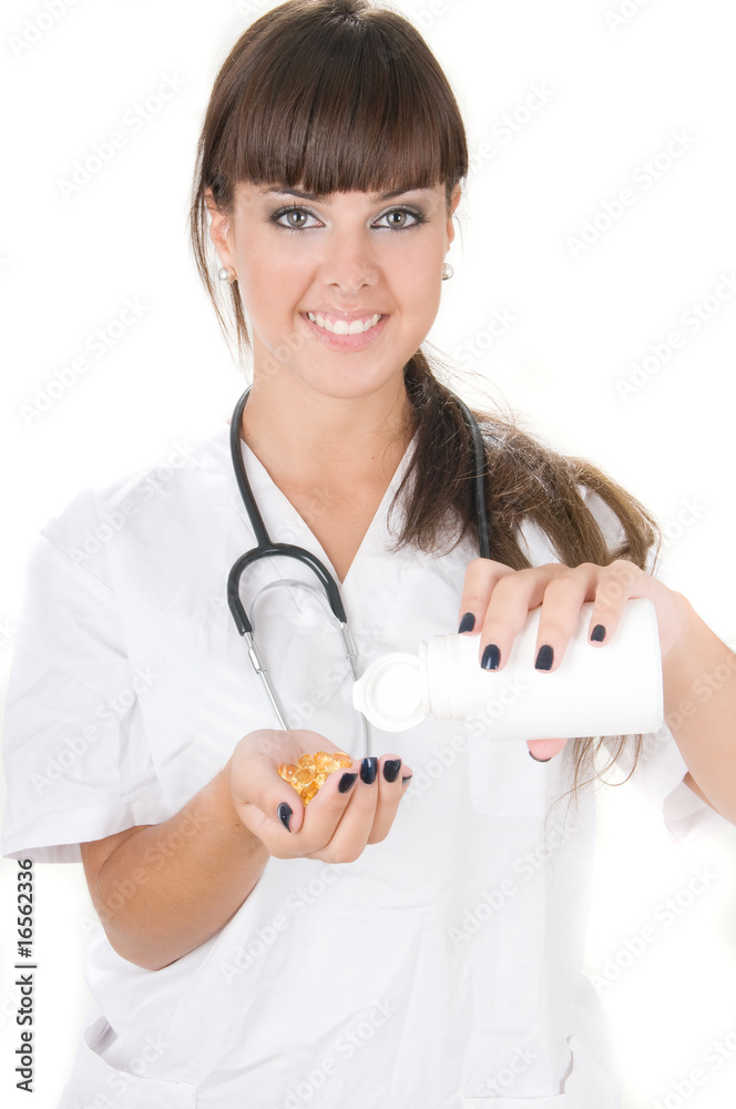 doctor laughing with pills in her hands isolated doctor laughing with pills in her hands isolated