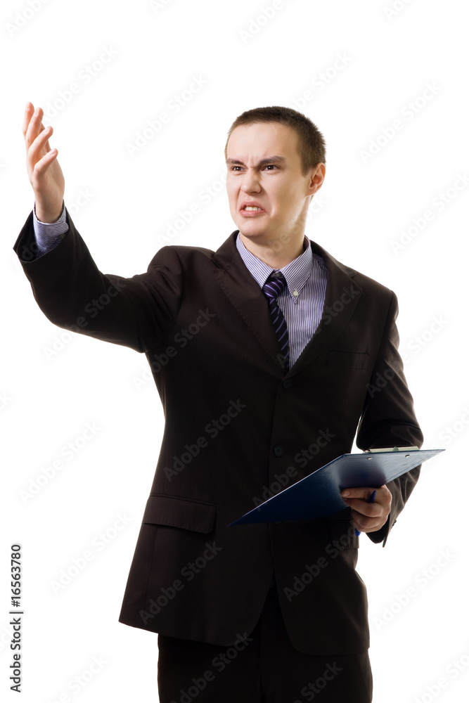 Young teacher argue and gesticulating with hand and grimace Young teacher argue and gesticulating with hand and grimace