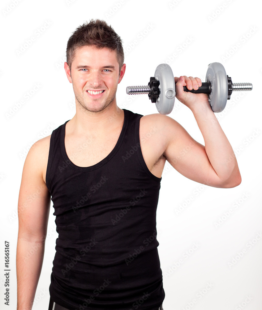 Athlete with a black shirt holding a weight Athlete with a black shirt holding a weight