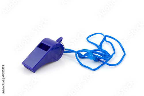 blue colored plastic whistle over white background