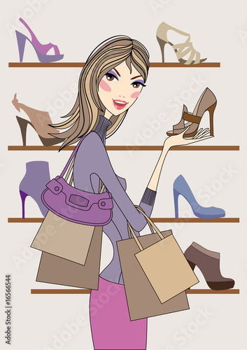 Fashion girl shopping in shoe shop, vector
