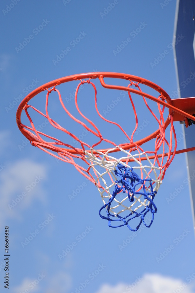 Basketball ring and net in a blue sky background
