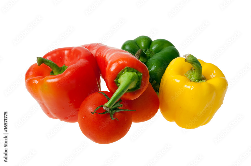 Colourful Peppers and Tomatoe Isolated on White Colourful Peppers and Tomatoe Isolated on White