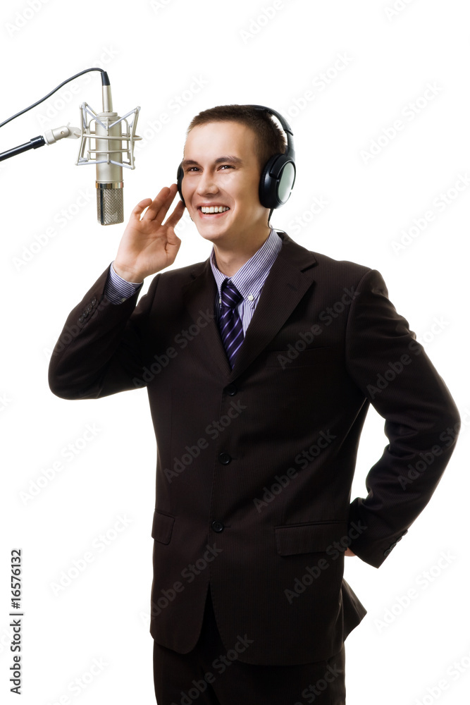 Man host at radio station speak to microphone Man host at radio station speak to microphone