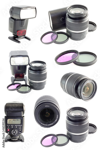 set isolated,  photo flash,  objective, lenses, filters. photo