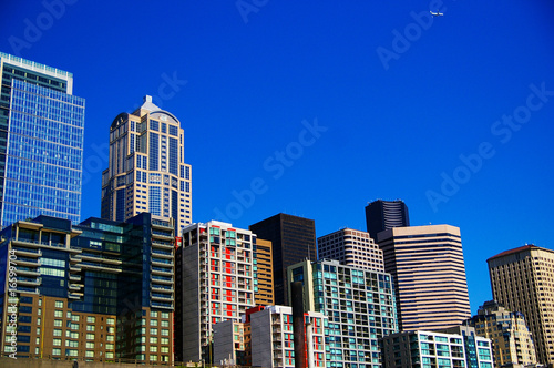 city skyline( Seattle, Washington ) with blue-sky and plane