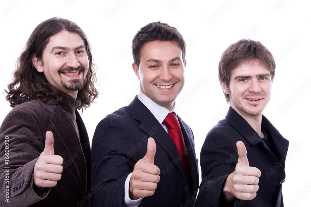 three happy business men together as a team tumb up three happy business men together as a team tumb up