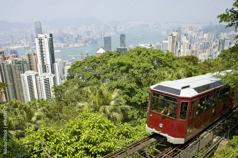 Naklejka premium Famous Tram going to the Peak, Hong Kong
