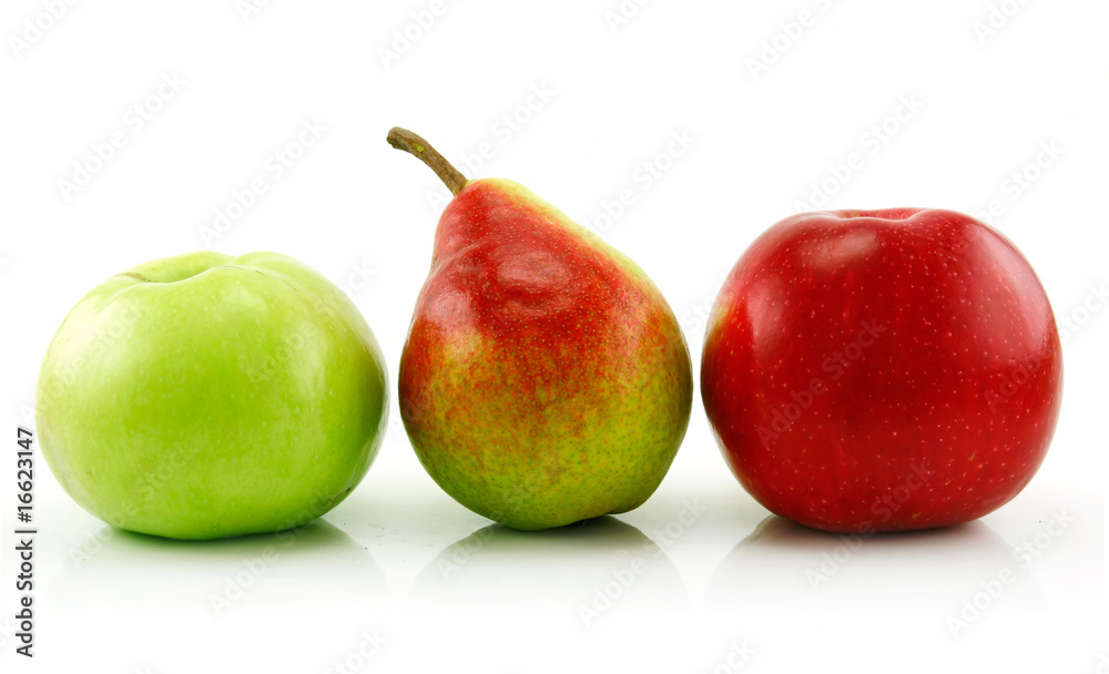Ripe Apples and Pear in a Row Isolated on White Ripe Apples and Pear in a Row Isolated on White