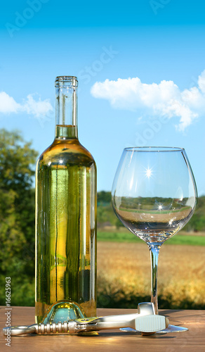 Empty glass with a bottle of white wine