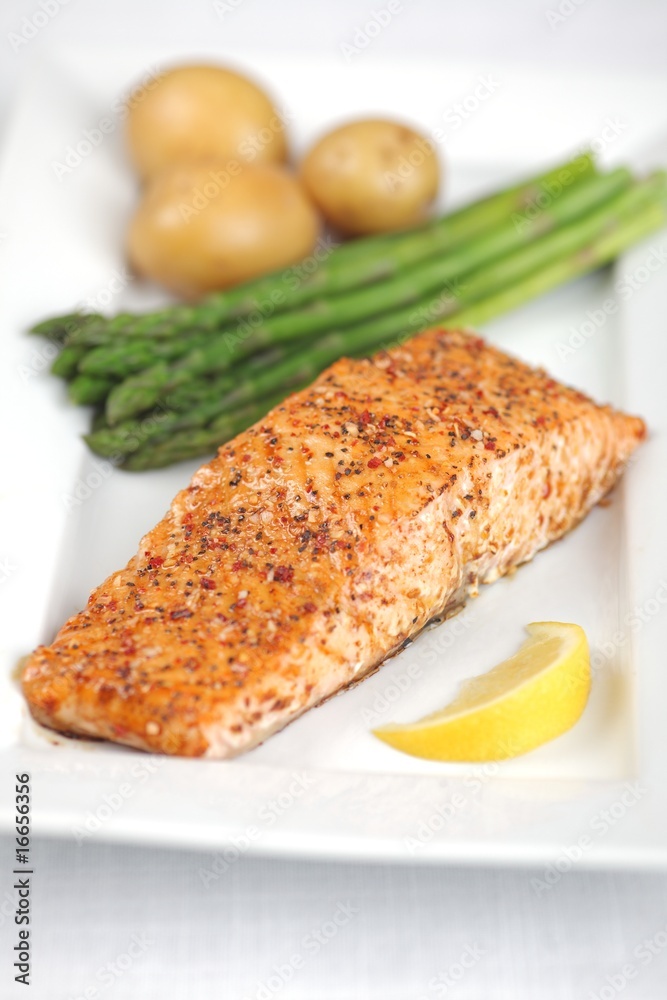 Salmon - Baked salmon steak with asparagus and potato Salmon - Baked salmon steak with asparagus and potato