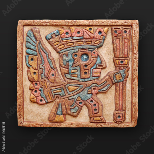 Stone frieze from sun gate in Tiauanaco bolivia latin america