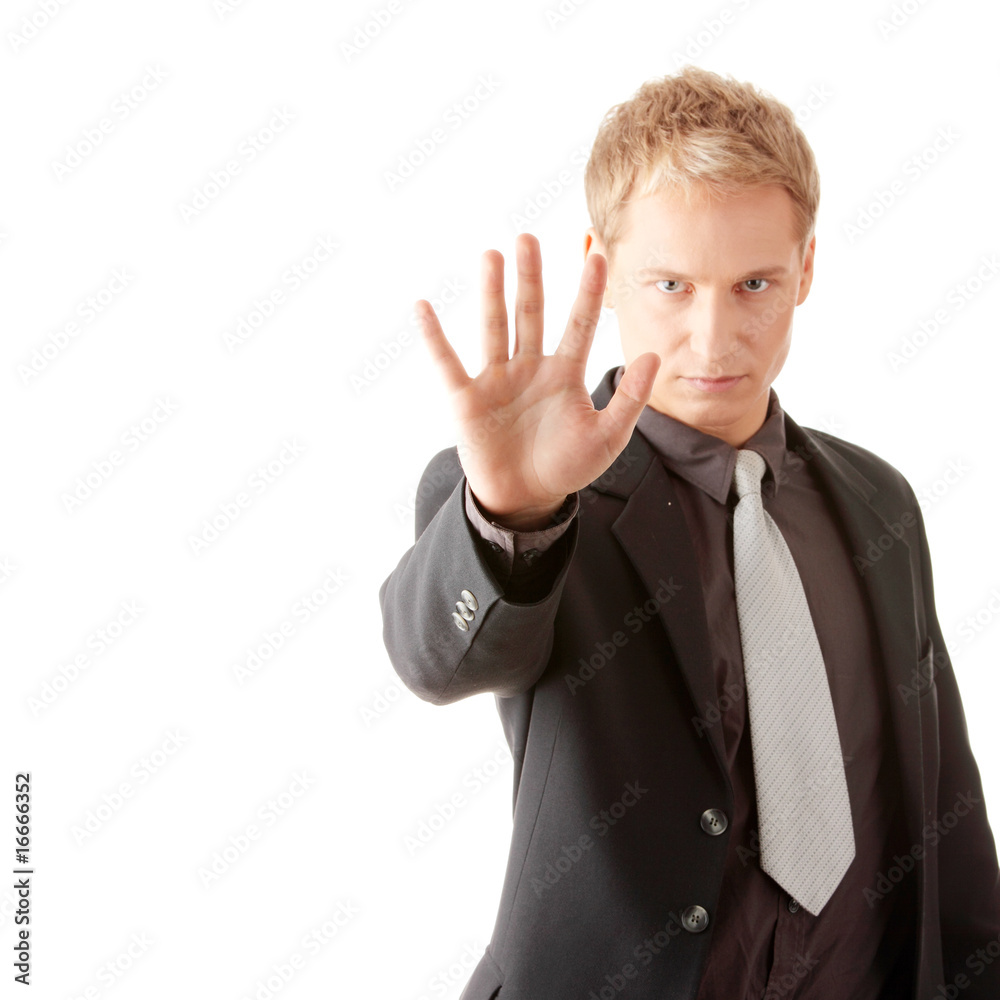Business man pressing an abstract touchscreen button Business man pressing an abstract touchscreen button