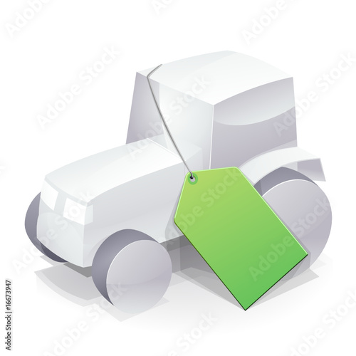 Tracteur blanc et son étiquette verte (reflet)