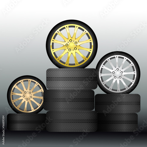 Car Alloy Wheels with Tyres - Auto Tuning Sport Medals - Rims Gold, Silver, Bronze Vector illustration