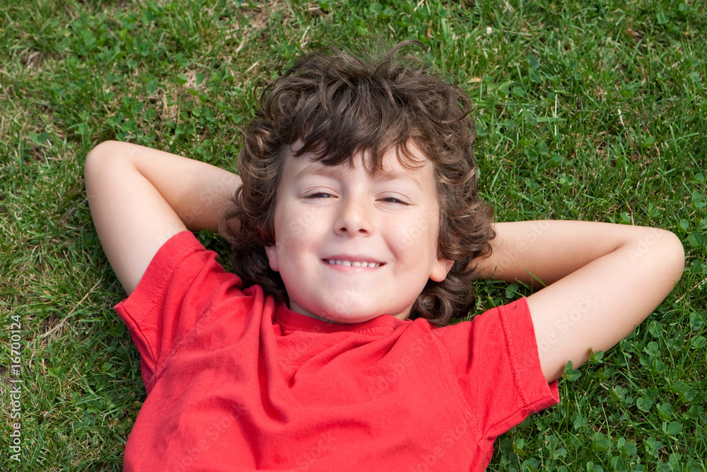 Happy child lied down on the grass Happy child lied down on the grass