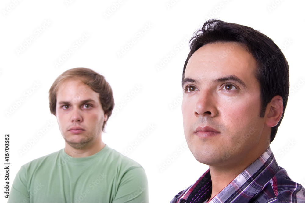 Two casual men posing, isolated over white background Two casual men posing, isolated over white background