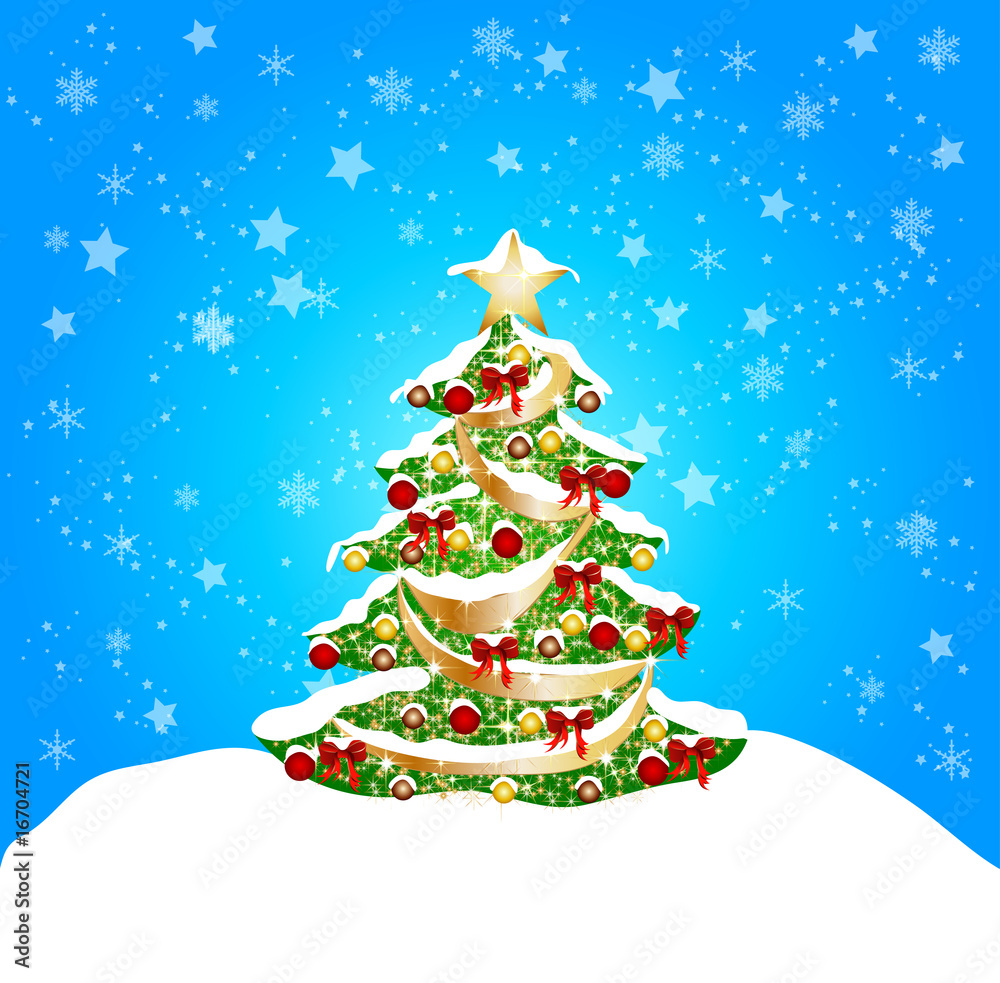 blue christmas background with snow and coorful tree